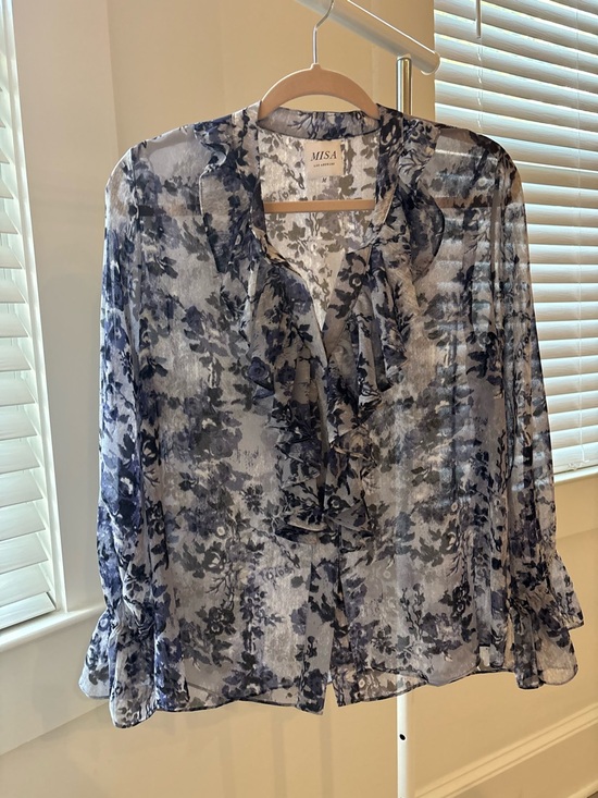 Misa Los Angeles Tops - Misa Los Angeles Navy and White Floral Ruffle Blouse